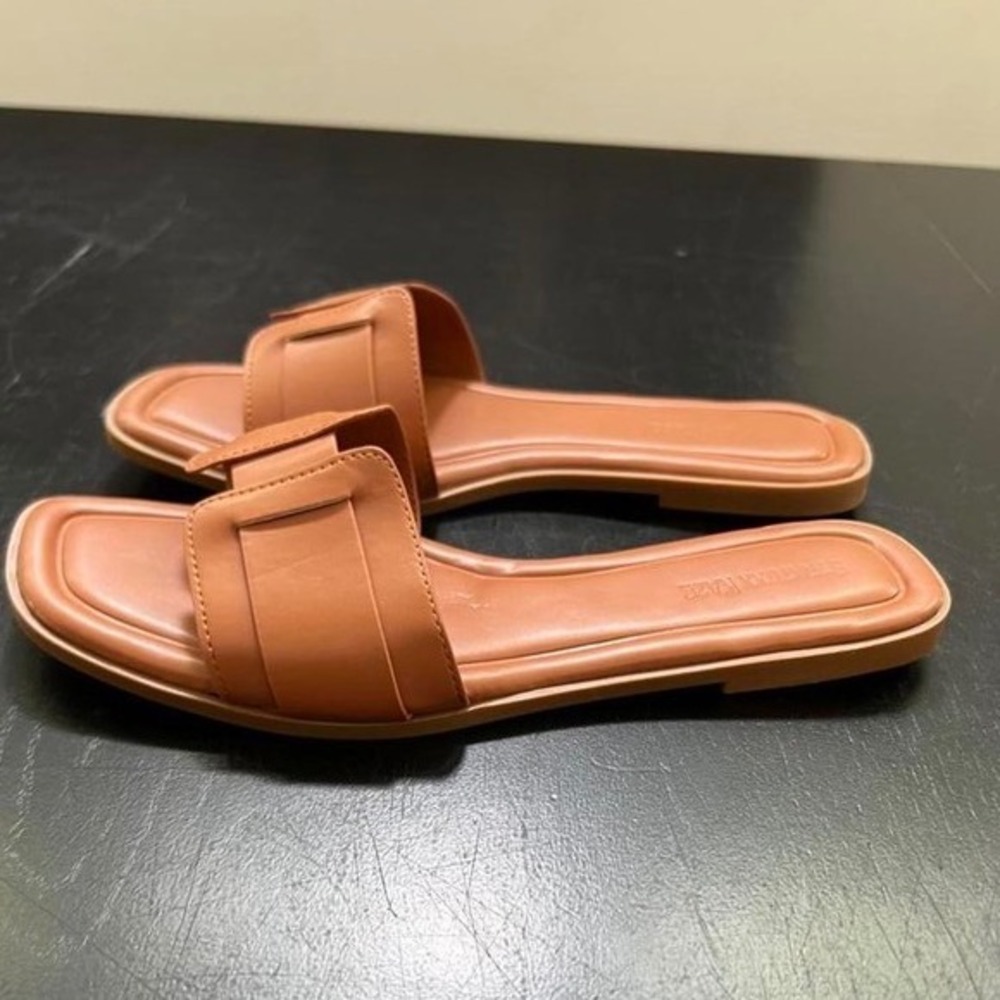 Stratuxx Kaze Slide Sandals‎ Tan Square Toe Woven Strap Flat 10